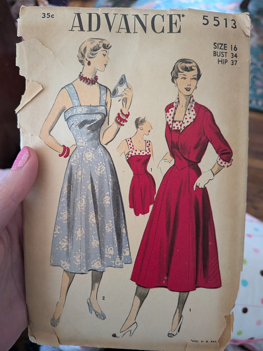 Advance 5513 Early 1950s Vintage Women’s Dress Pattern Red or Light Blue